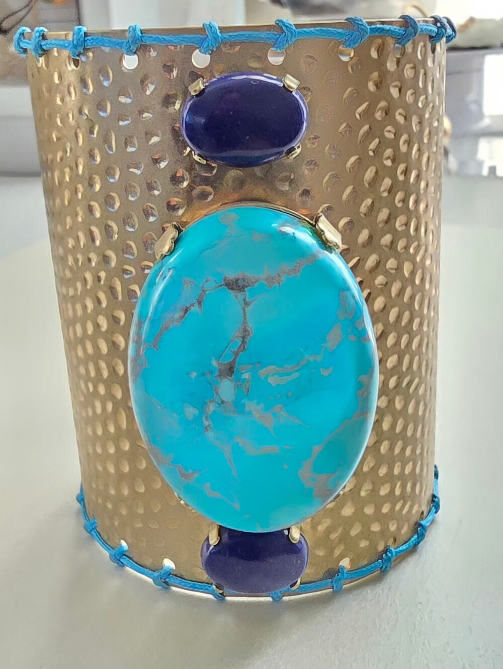 Turquoise & Lapis Stone Hammered Brass Cuff Bracelet